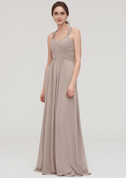 A-Line Wheat Sleeveless Pleated Maxi Bridesmaid Dress