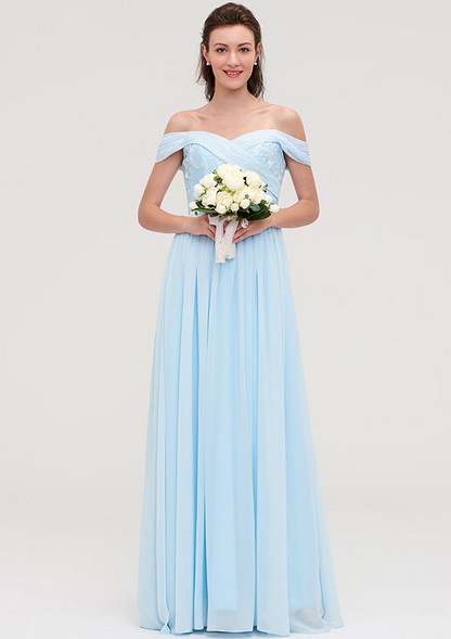 Pale Turquoise Appliqued Off-Shoulder Bridesmaid Dress