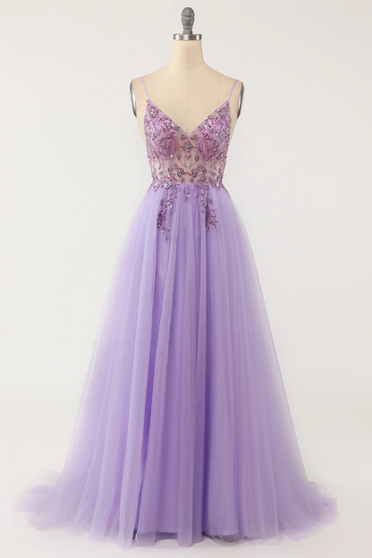 Beaded Spaghetti Strap Sleeveless Prom Dress