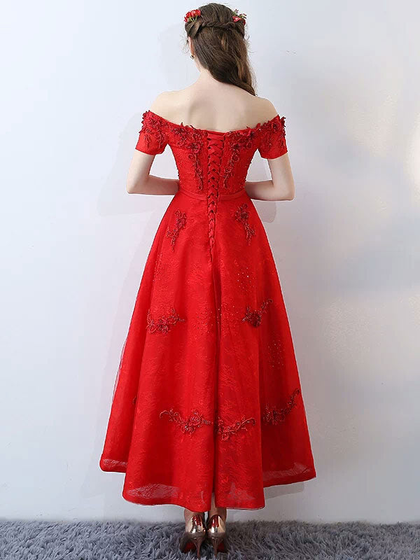 Red Off The Shoulder Lace Flowers Beading Cocktail Party Dress