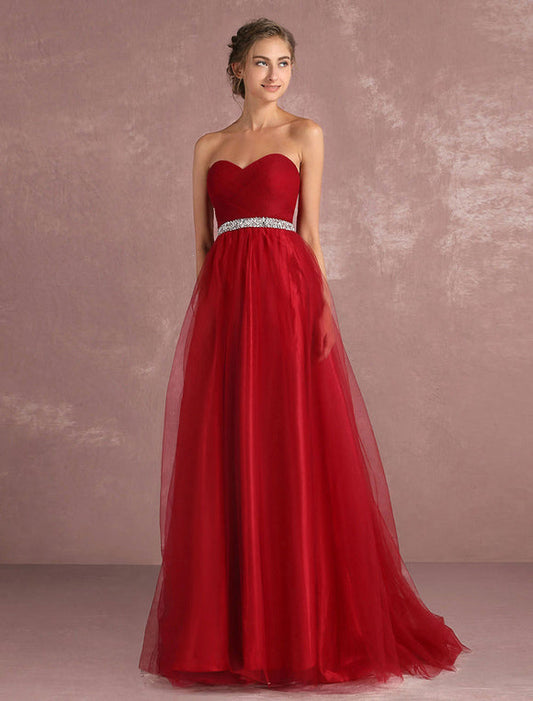 Red Rhinestones Pleated Strapless Tulle Prom Dress