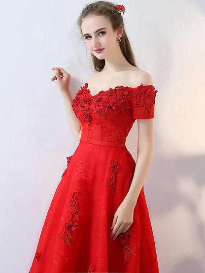 Red Off The Shoulder Lace Flowers Beading Cocktail Party Dress