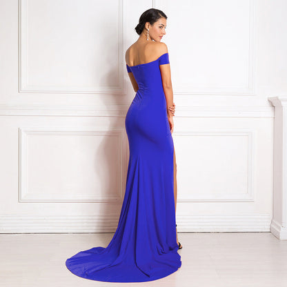 Off-The-Shoulder Split Leg Bag Hip Evening Dress