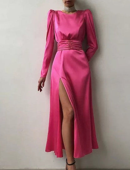 Satin Round Neck Long Sleeved Split Prom Dress