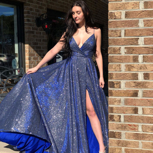 Blue Shiny Deep V-Neck Split Long Prom Dress