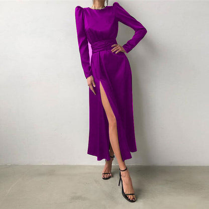 Satin Round Neck Long Sleeved Split Prom Dress