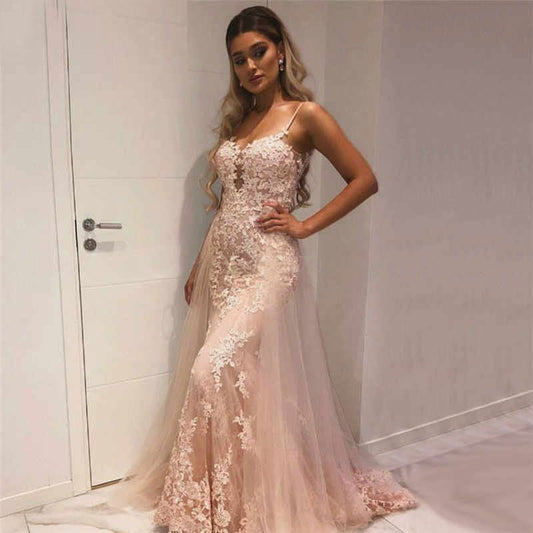 Light Pink Lace Embroidered Spaghetti Strap Long Evening Dress