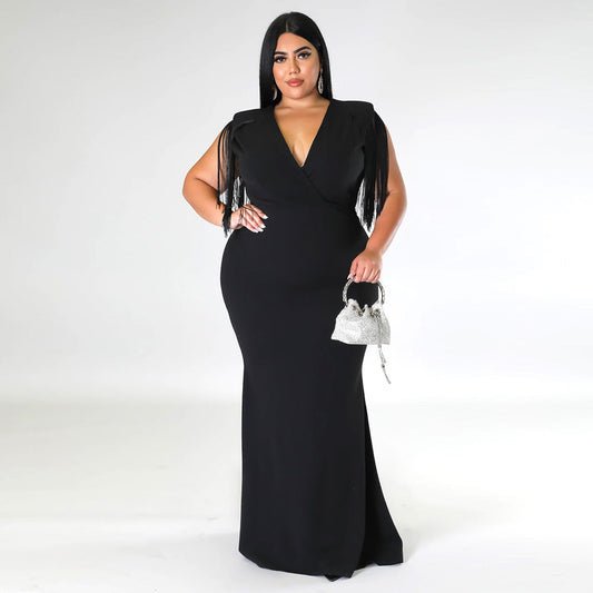 Tassel V-Neck Floor-Length Plain Pullover Plus Size Maxi Dress