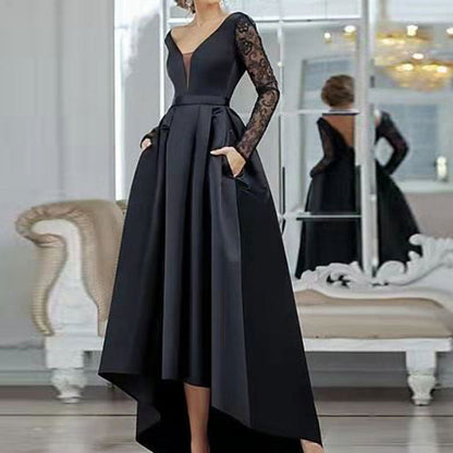 Black Satin V-Neck Lace Embroidered Long Sleeve Prom Dress