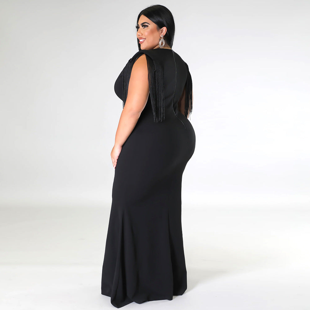 Tassel V-Neck Floor-Length Plain Pullover Plus Size Maxi Dress