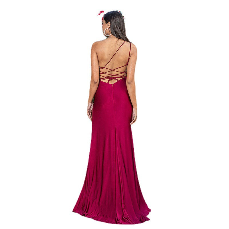 One Shoulder Sleeveless Split Leg Banquet Evening Dress