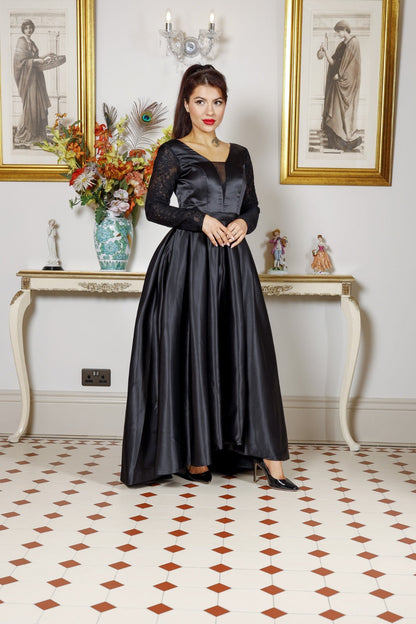 Black Satin V-Neck Lace Embroidered Long Sleeve Prom Dress