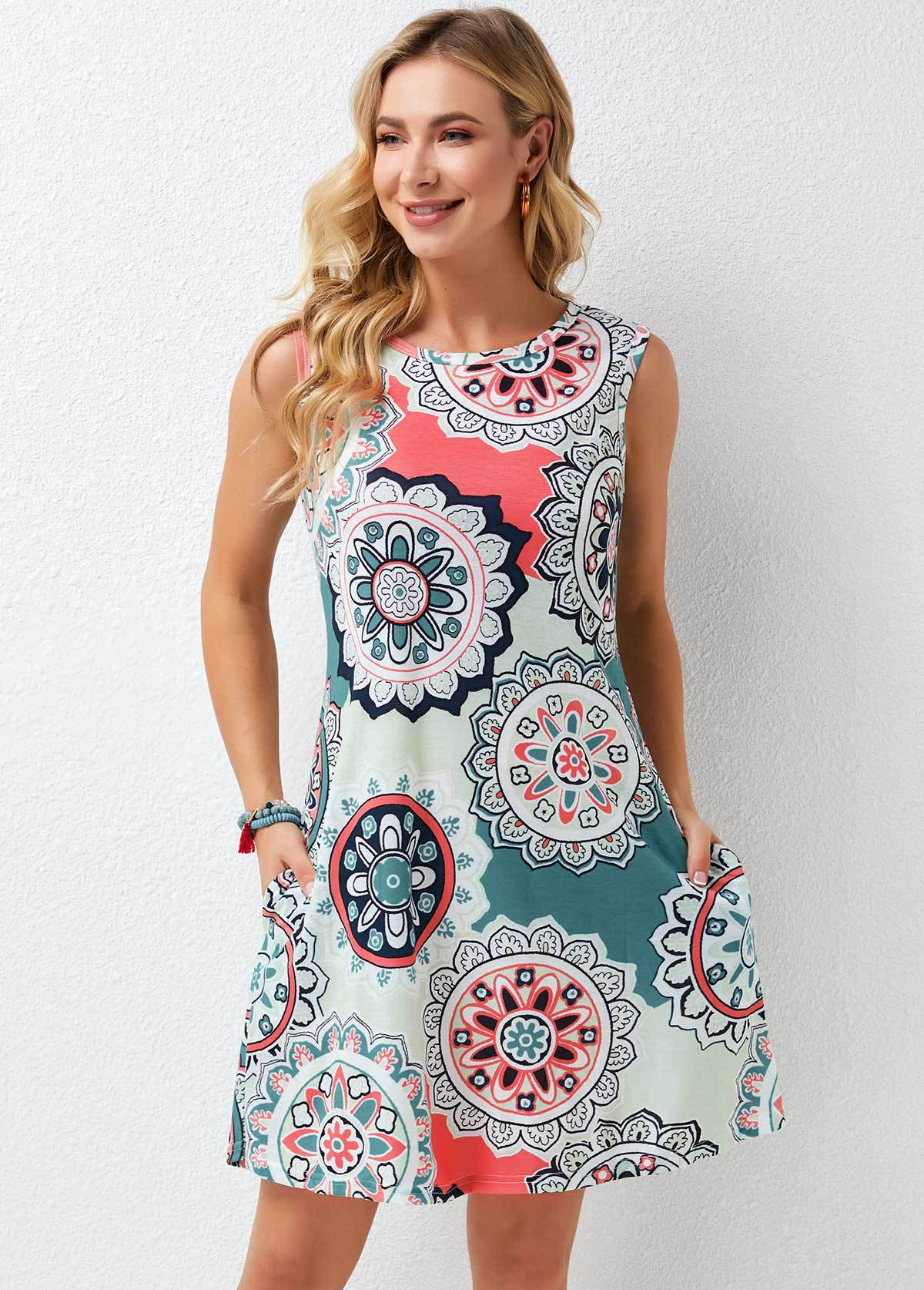 Sleeveless Printed Round Neck Dress