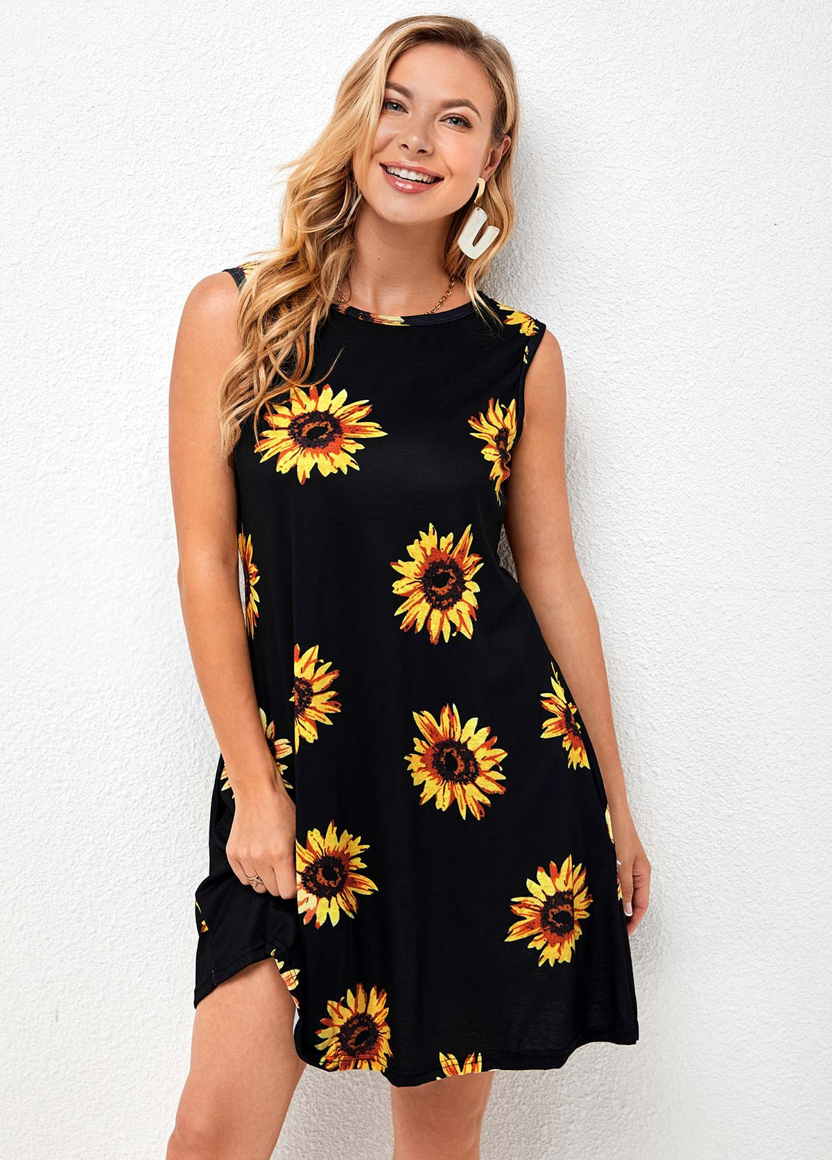 Printed Round Neck A Line Dress