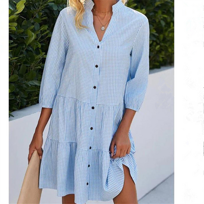 Plaid Print Button Up Split Neck Tunic Dress