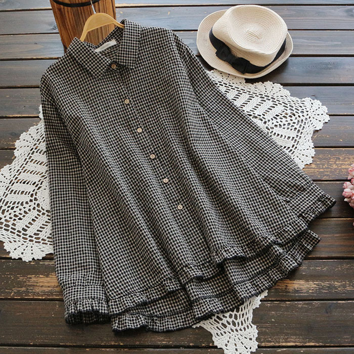 Plus Size Women Plaid Hand-Made Linen Cotton Loose Shirt