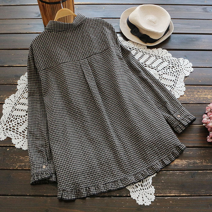 Plus Size Women Plaid Hand-Made Linen Cotton Loose Shirt