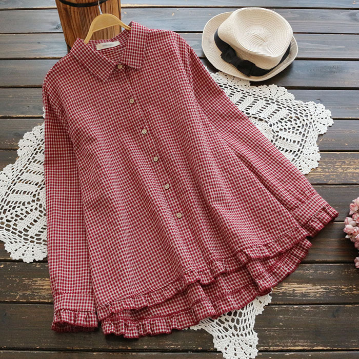 Plus Size Women Plaid Hand-Made Linen Cotton Loose Shirt