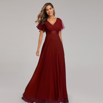 V-Neck Short Sleeves Semi Formal Chiffon Maxi Prom Dress