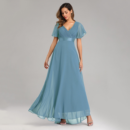 V-Neck Short Sleeves Semi Formal Chiffon Maxi Prom Dress