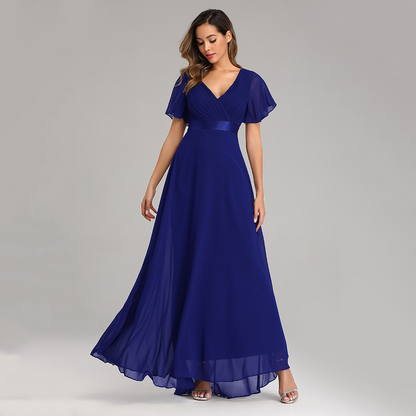 V-Neck Short Sleeves Semi Formal Chiffon Maxi Prom Dress