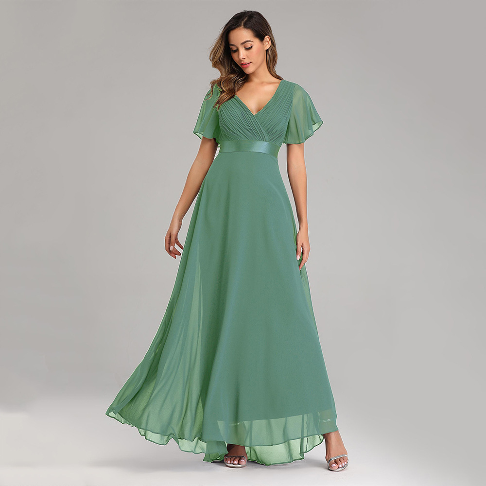 V-Neck Short Sleeves Semi Formal Chiffon Maxi Prom Dress