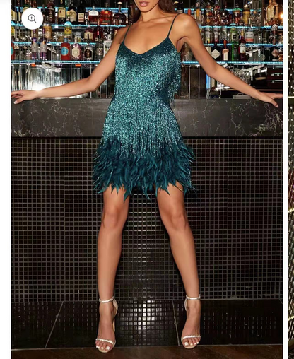 Spaghetti Straps Tassel Feather Hem Mini Party Dress