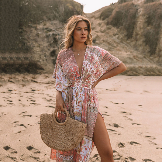 V-Neck Floral Print Cover Up Beach Dress