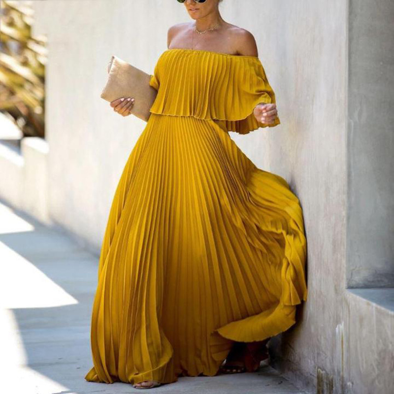 Off Shoulder Floor-Length Three-Quarter Sleeve Plain Pullover Maxi Dress