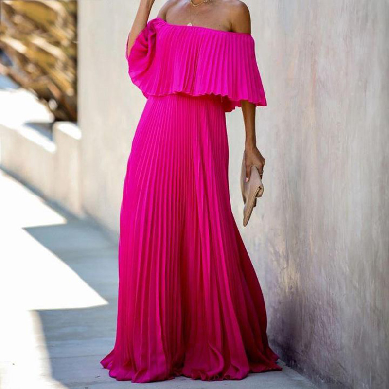 Off Shoulder Floor-Length Three-Quarter Sleeve Plain Pullover Maxi Dress