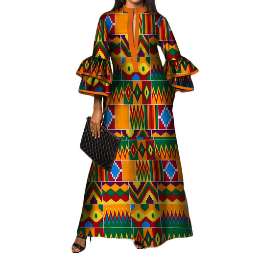 Orange Green Casual Print Patchwork V-Neck Long Sleeve Dress