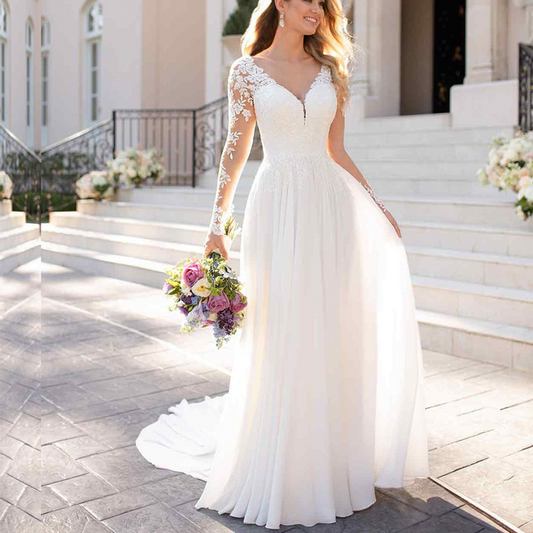 Chiffon V Neck A Line Long Sleeve Lace Applique Beach Wedding Dress