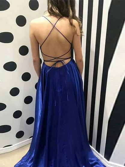 A-Line Long Prom Dress  High Split Backless Gowns For Party