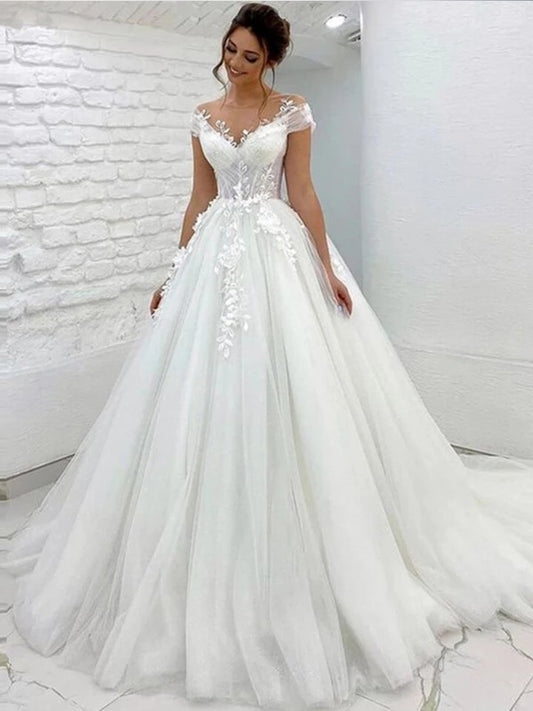 A-Line Short Sleeves Lace Wedding Gown Dress